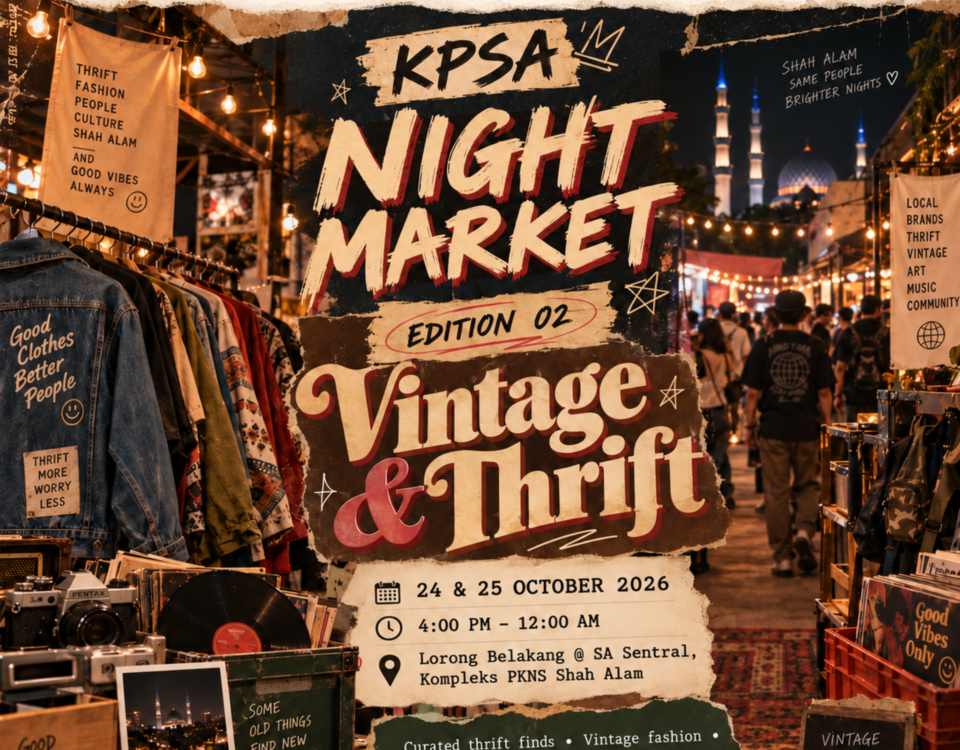 Discover KPSA Night Market Vintage & Thrift Edition on 24–25 October 2026 at Kompleks PKNS Shah Alam. Explore vintage fashion, thrift finds and retro collectibles!