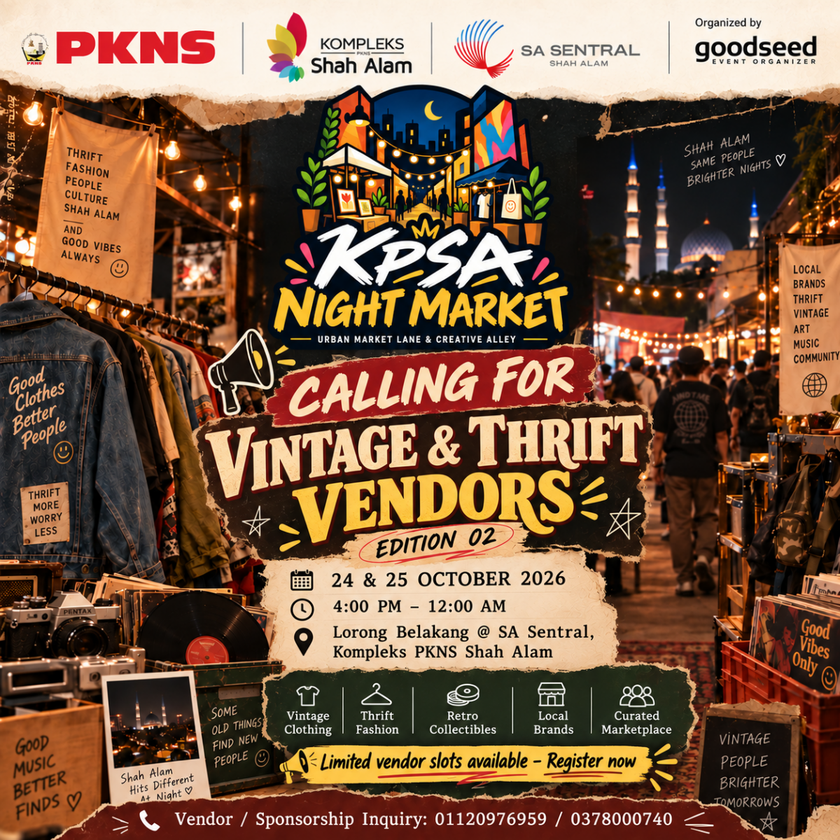 Vendor KPSA Night Market Vintage & Thrift Edition on 24–25 October 2026 at Kompleks PKNS Shah Alam. Explore vintage fashion, thrift finds and retro collectibles!